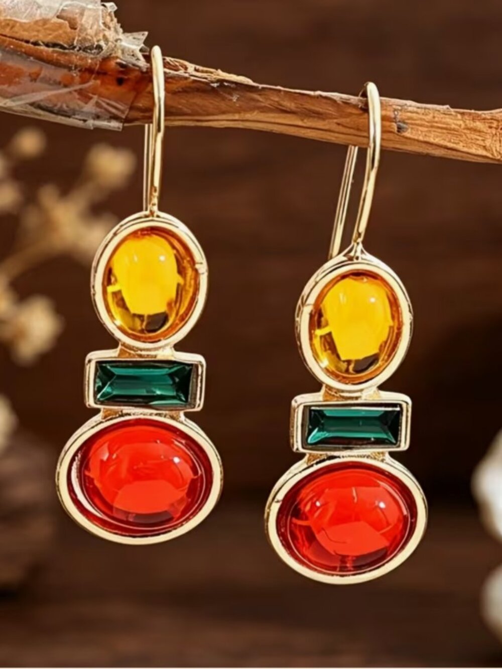NEW Dabney Modernist Red Yellow Green Cabochon Crystal Drop Earrings